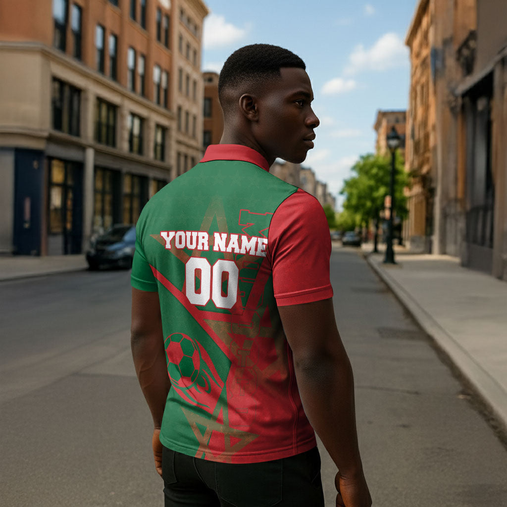 Personalized Morocco Football Zipper Polo Shirt Geometric Star Flag Soccer National Pride