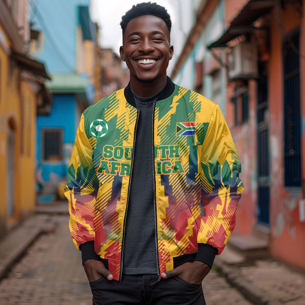 Personalized South Africa Football Bomber Jacket South African Flag Inspiration - Soccer Graphic Bold Color Blocks