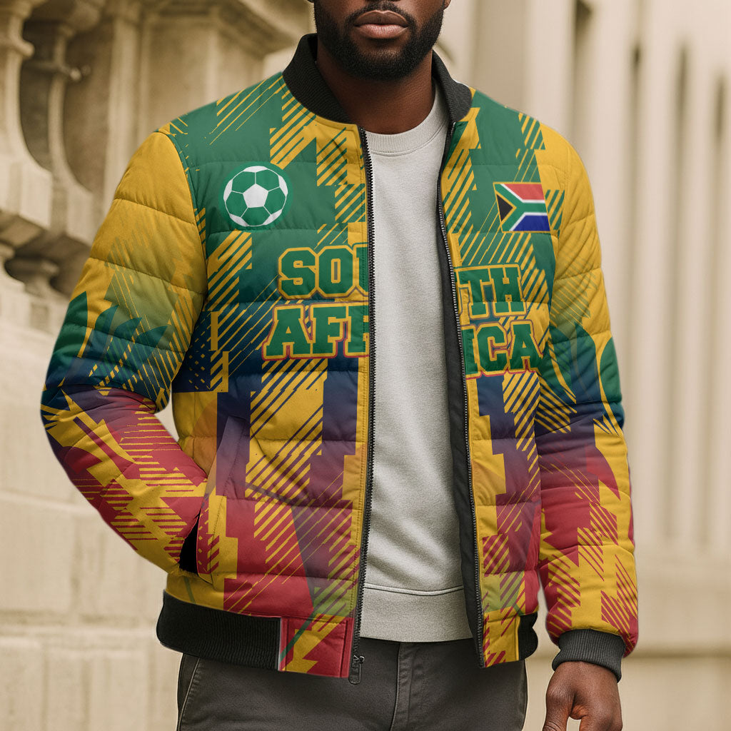 Personalized South Africa Football Bomber Puffer Jacket South African Flag Inspiration - Soccer Graphic Bold Color Blocks
