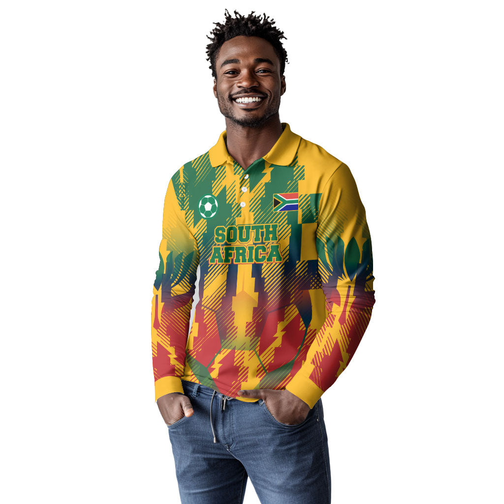 Personalized South Africa Football Long Sleeve Polo Shirt South African Flag Inspiration - Soccer Graphic Bold Color Blocks