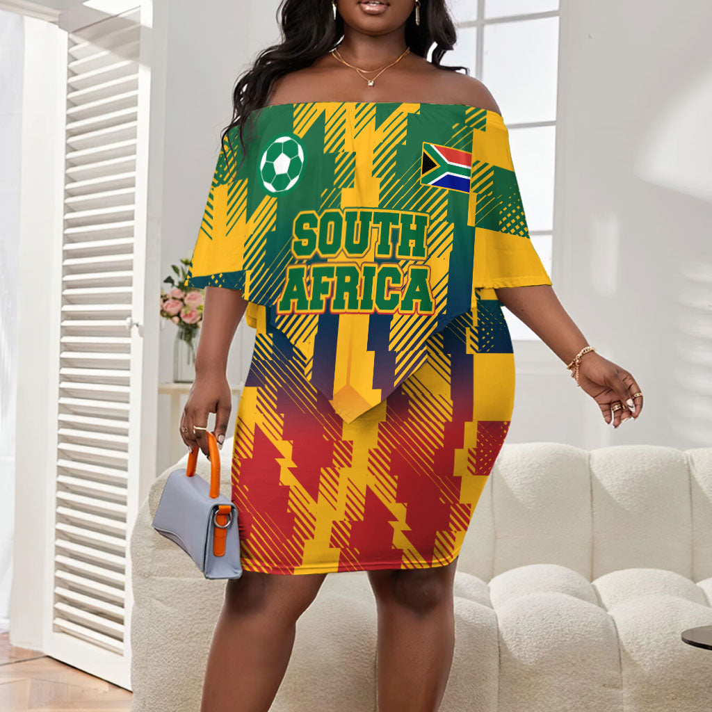 Personalized South Africa Football Off Shoulder Short Dress South African Flag Inspiration - Soccer Graphic Bold Color Blocks