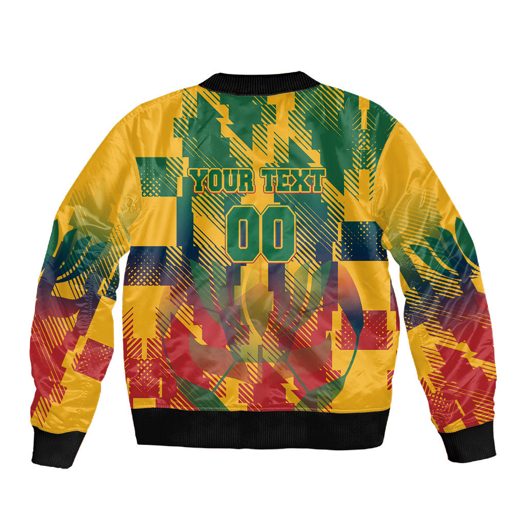 Personalized South Africa Football Sleeve Zip Bomber Jacket South African Flag Inspiration - Soccer Graphic Bold Color Blocks