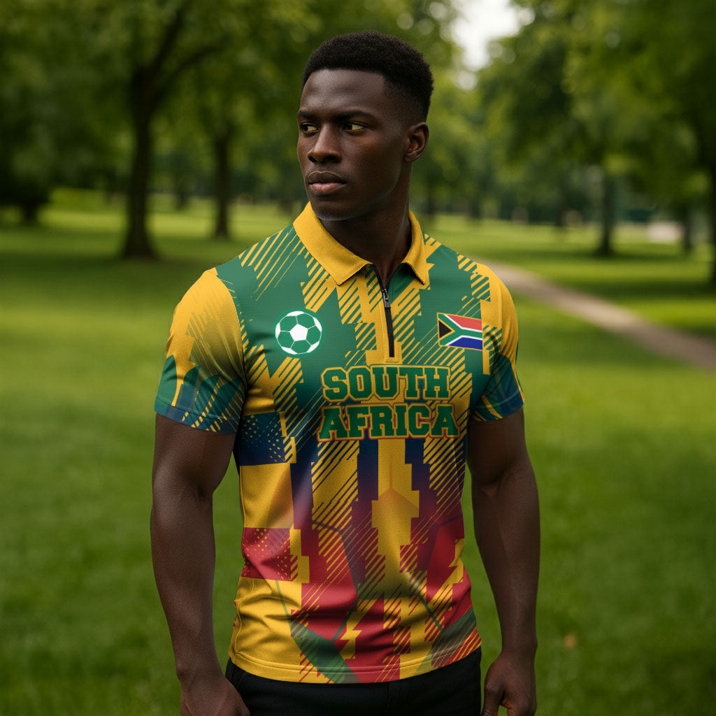 Personalized South Africa Football Zipper Polo Shirt South African Flag Inspiration - Soccer Graphic Bold Color Blocks
