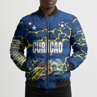 Personalized Curacao Football Bomber Puffer Jacket Caribbean Splash Paint Soccer Graphic