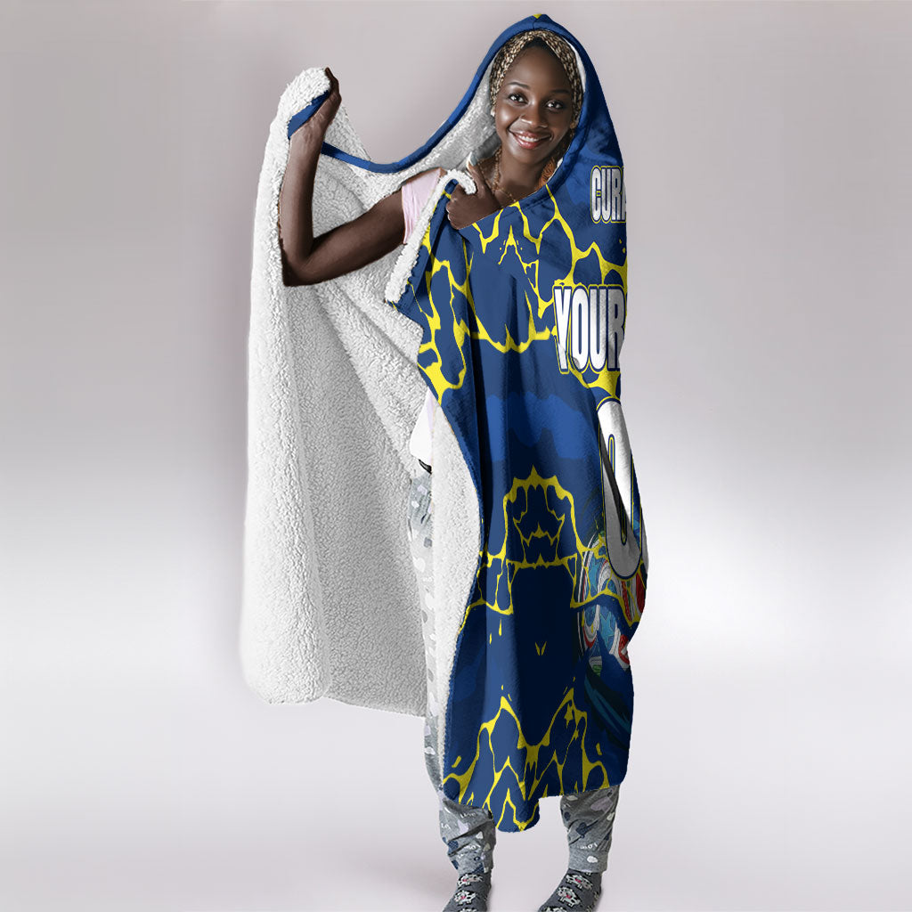 Personalized Curacao Football Hooded Blanket Caribbean Splash Paint Soccer Graphic