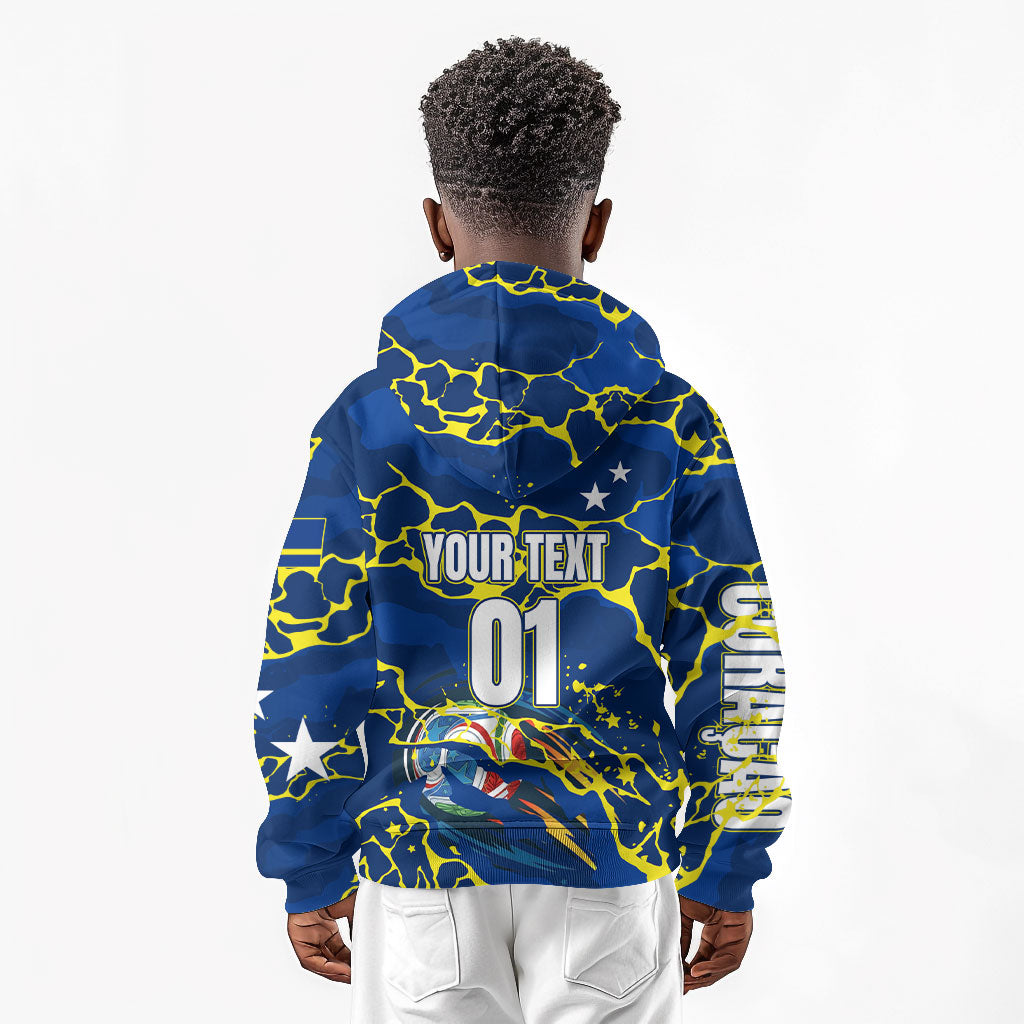 Personalized Curacao Football Kid Hoodie Caribbean Splash Paint Soccer Graphic