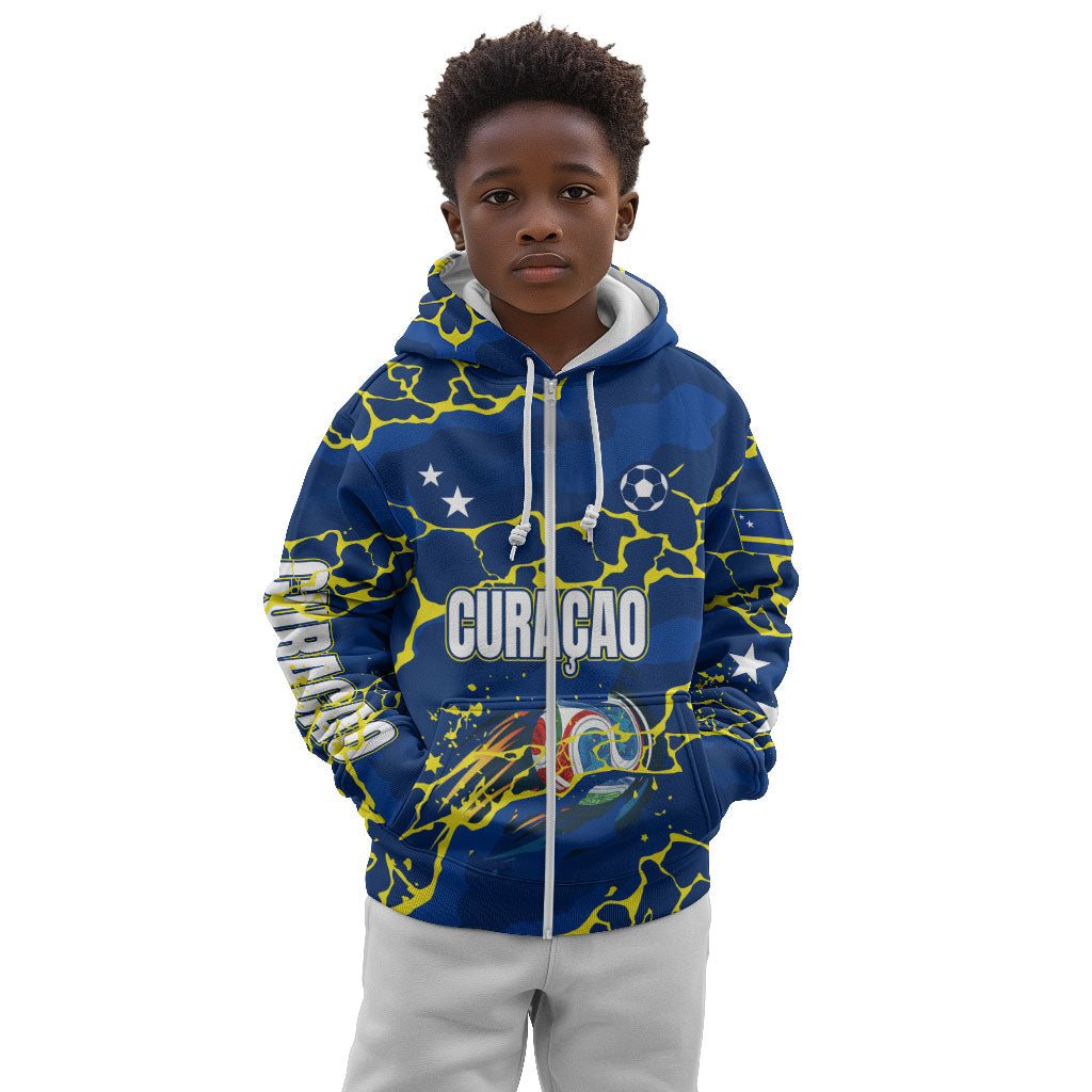 Personalized Curacao Football Kid Hoodie Caribbean Splash Paint Soccer Graphic