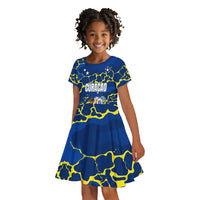 Personalized Curacao Football Kid Short Sleeve Dress Caribbean Splash Paint Soccer Graphic