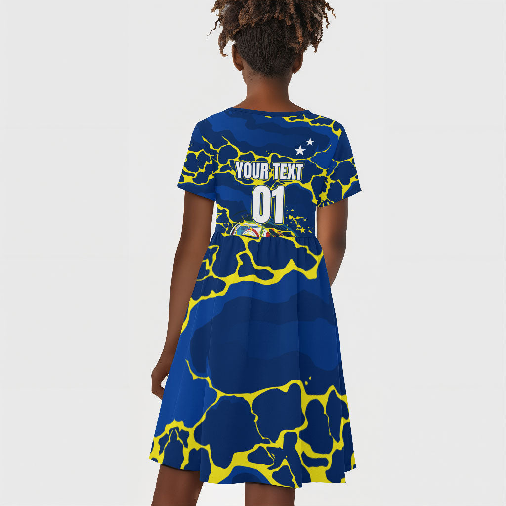 Personalized Curacao Football Kid Short Sleeve Dress Caribbean Splash Paint Soccer Graphic