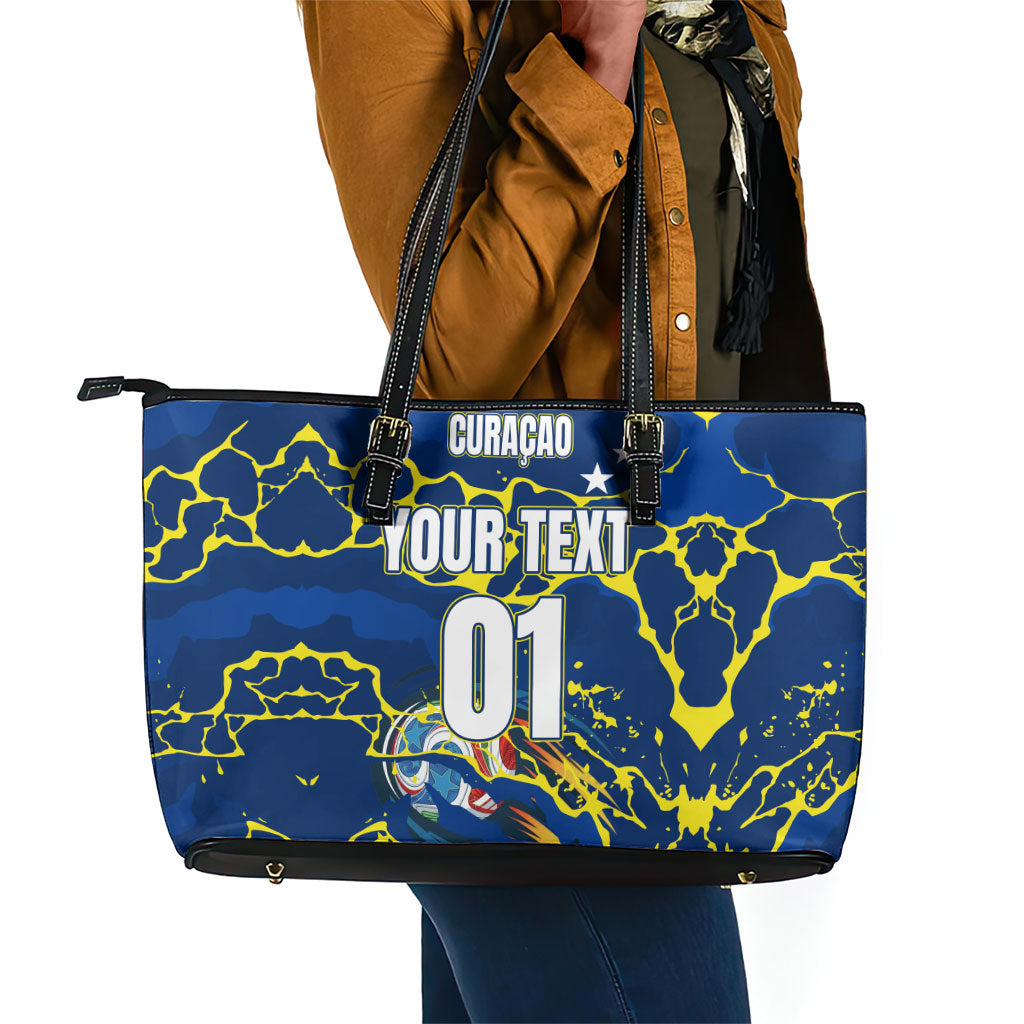 Personalized Curacao Football Leather Tote Bag Caribbean Splash Paint Soccer Graphic