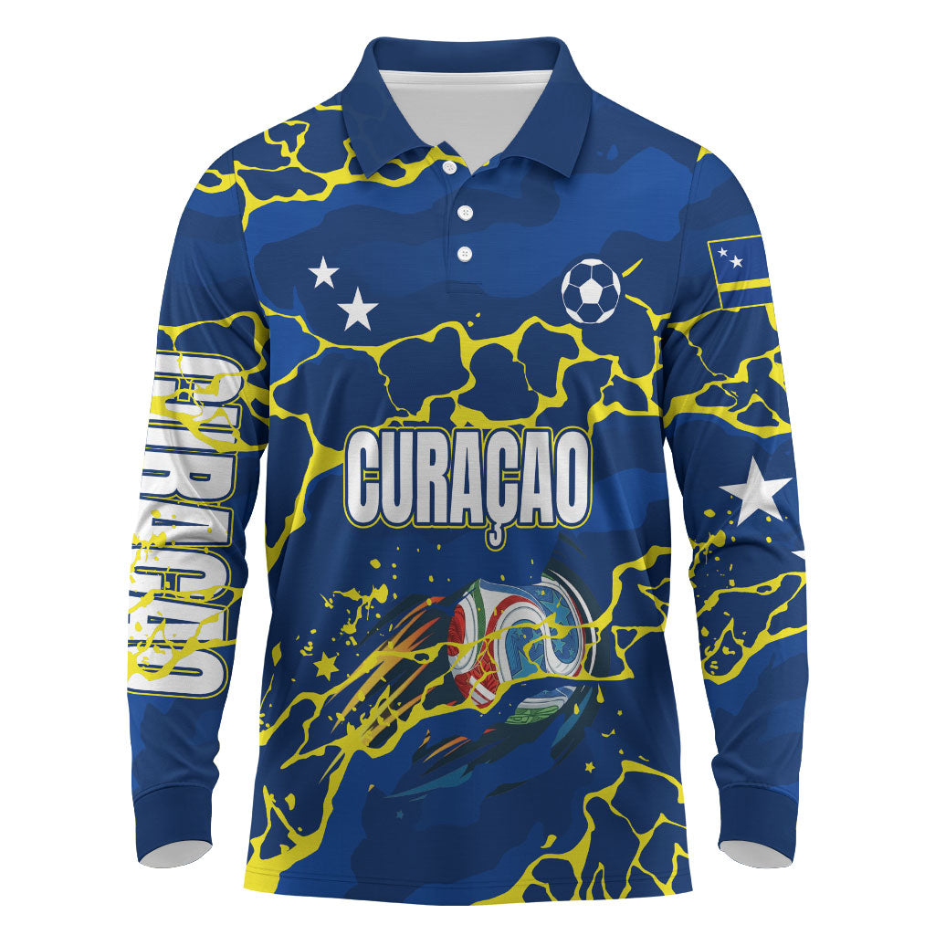 Personalized Curacao Football Long Sleeve Polo Shirt Caribbean Splash Paint Soccer Graphic
