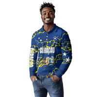 Personalized Curacao Football Long Sleeve Polo Shirt Caribbean Splash Paint Soccer Graphic