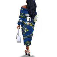 Personalized Curacao Football Off The Shoulder Long Sleeve Dress Caribbean Splash Paint Soccer Graphic