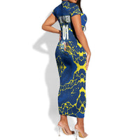 Personalized Curacao Football Short Sleeve Bodycon Dress Caribbean Splash Paint Soccer Graphic