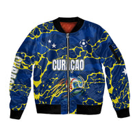 Personalized Curacao Football Sleeve Zip Bomber Jacket Caribbean Splash Paint Soccer Graphic