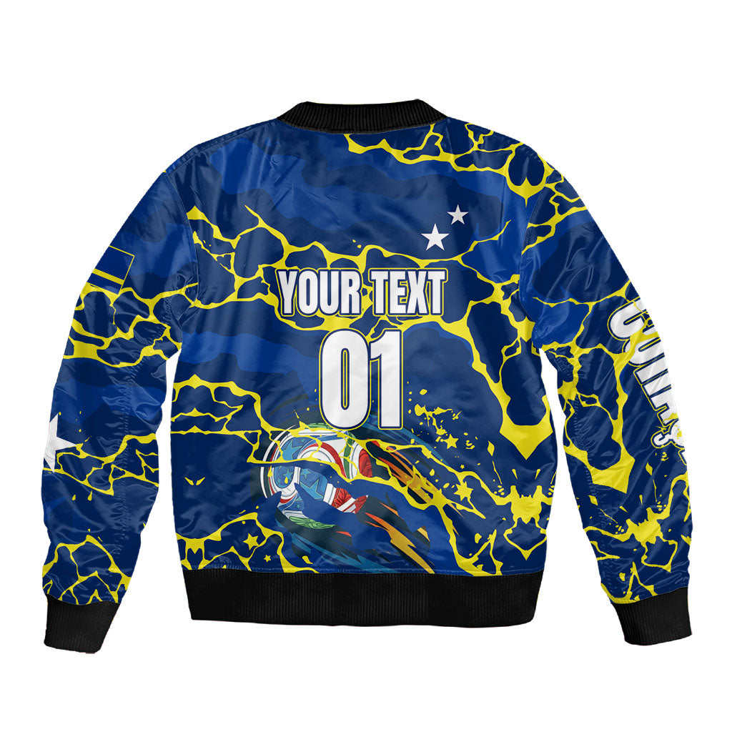 Personalized Curacao Football Sleeve Zip Bomber Jacket Caribbean Splash Paint Soccer Graphic