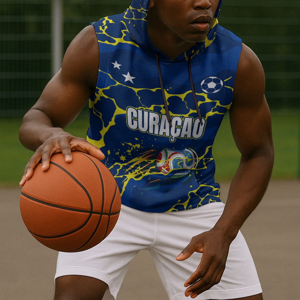 Personalized Curacao Football Sleeveless Hoodie Caribbean Splash Paint Soccer Graphic