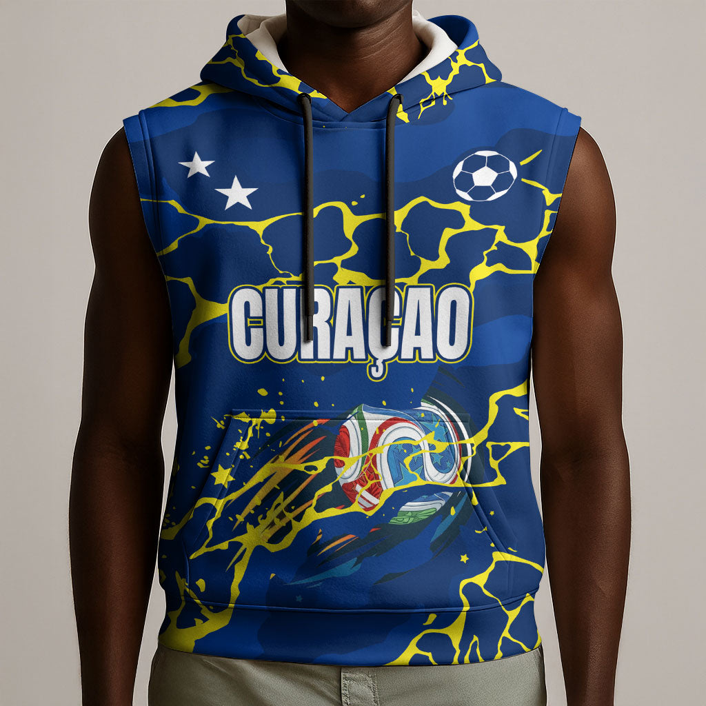 Personalized Curacao Football Sleeveless Hoodie Caribbean Splash Paint Soccer Graphic