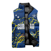 Personalized Curacao Football Sleeveless Puffer Jacket Caribbean Splash Paint Soccer Graphic