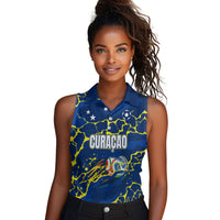 Personalized Curacao Football Women Sleeveless Polo Shirt Caribbean Splash Paint Soccer Graphic