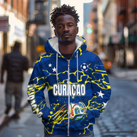 Personalized Curacao Football Zip Hoodie Caribbean Splash Paint Soccer Graphic