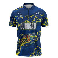 Personalized Curacao Football Zipper Polo Shirt Caribbean Splash Paint Soccer Graphic