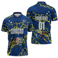 Personalized Curacao Football Zipper Polo Shirt Caribbean Splash Paint Soccer Graphic
