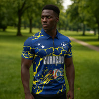 Personalized Curacao Football Zipper Polo Shirt Caribbean Splash Paint Soccer Graphic