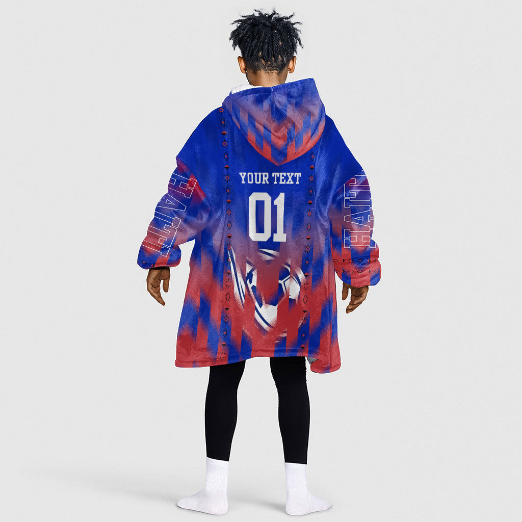 Personalized Haiti Football Kid Wearable Blanket Hoodie Brush Stroke Soccer Graphic Flag Colors