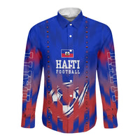 Personalized Haiti Football Long Sleeve Button Shirt Brush Stroke Soccer Graphic Flag Colors