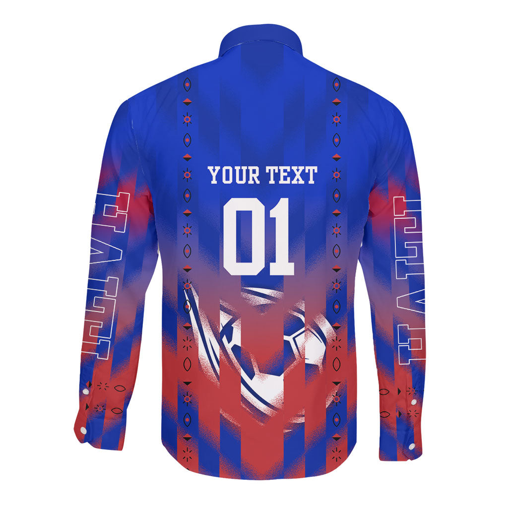 Personalized Haiti Football Long Sleeve Button Shirt Brush Stroke Soccer Graphic Flag Colors