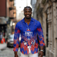 Personalized Haiti Football Long Sleeve Button Shirt Brush Stroke Soccer Graphic Flag Colors