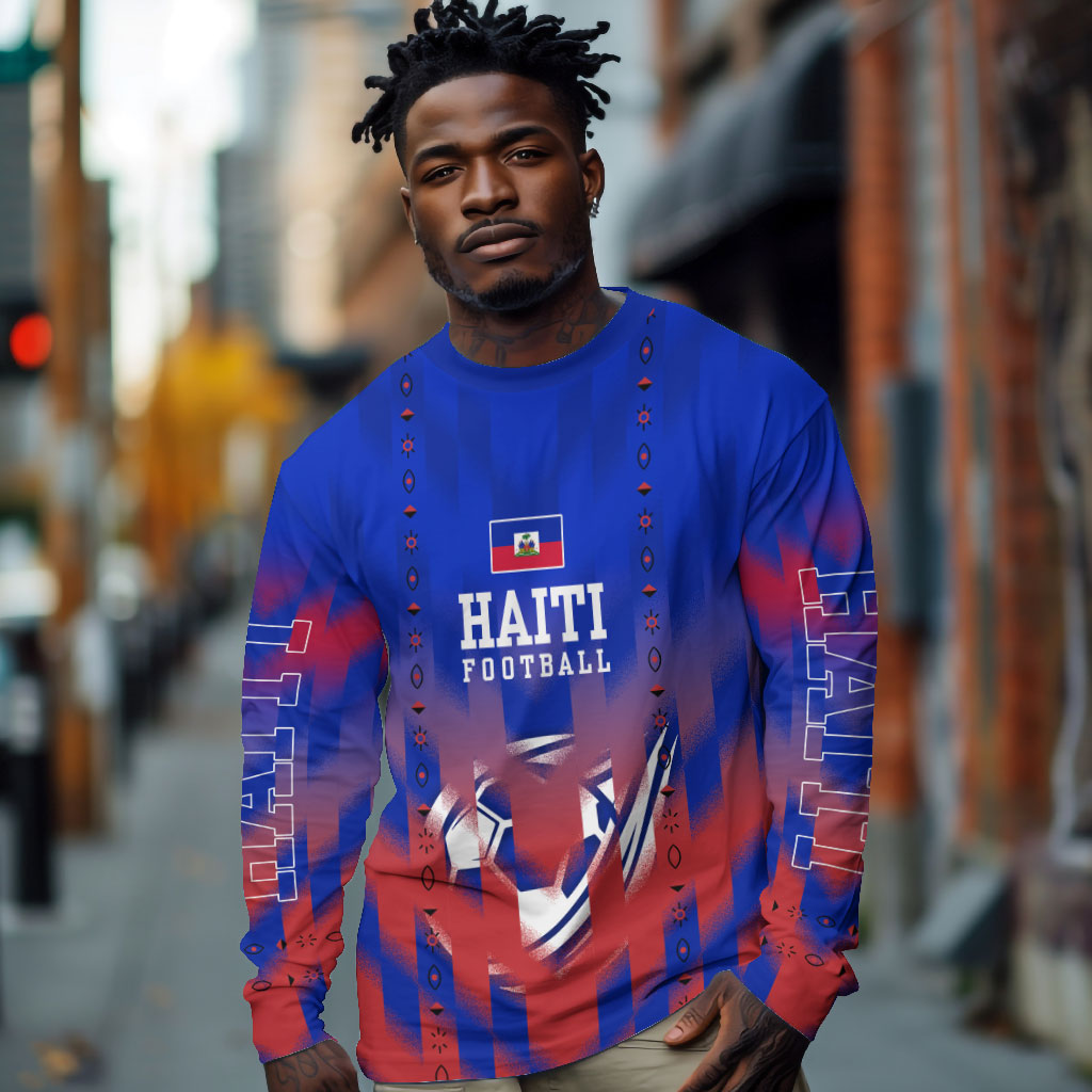 Personalized Haiti Football Long Sleeve Shirt Brush Stroke Soccer Graphic Flag Colors