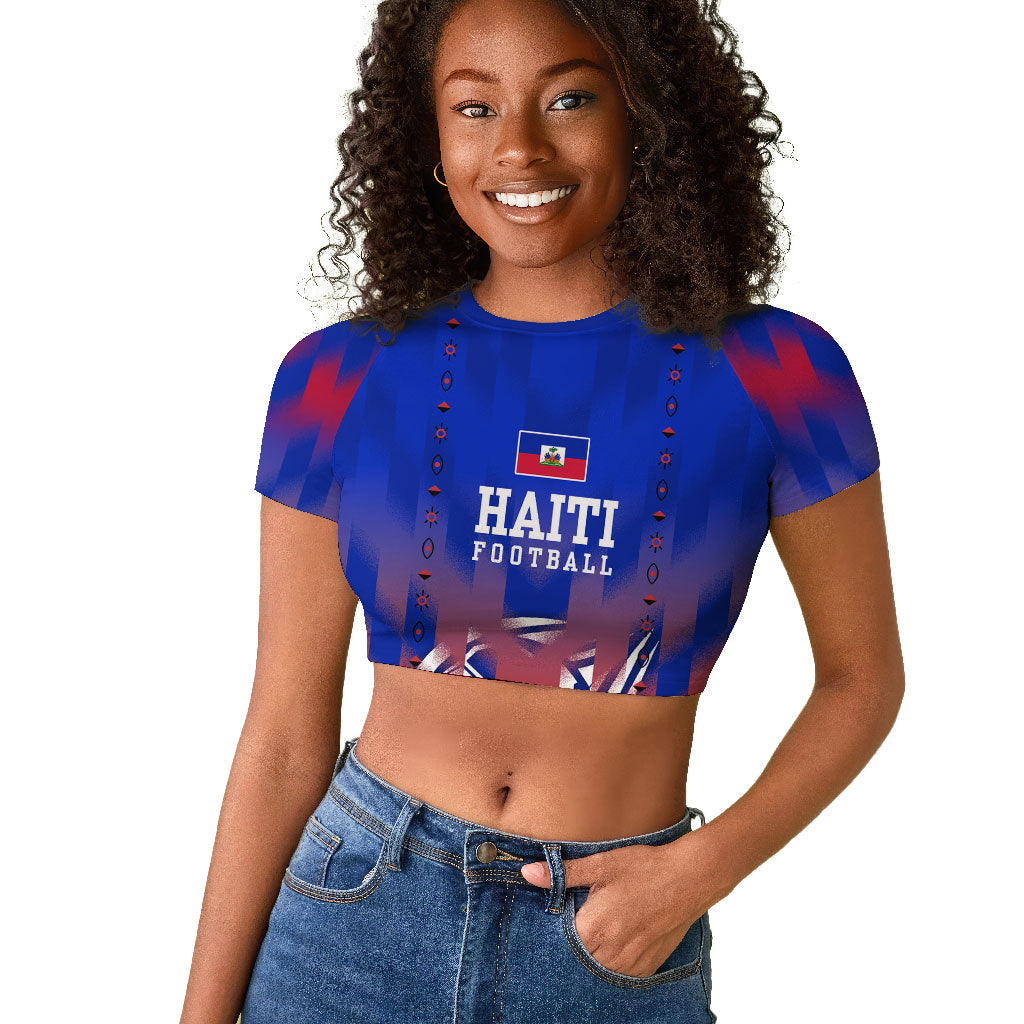 Personalized Haiti Football Raglan Cropped T shirt Brush Stroke Soccer Graphic Flag Colors