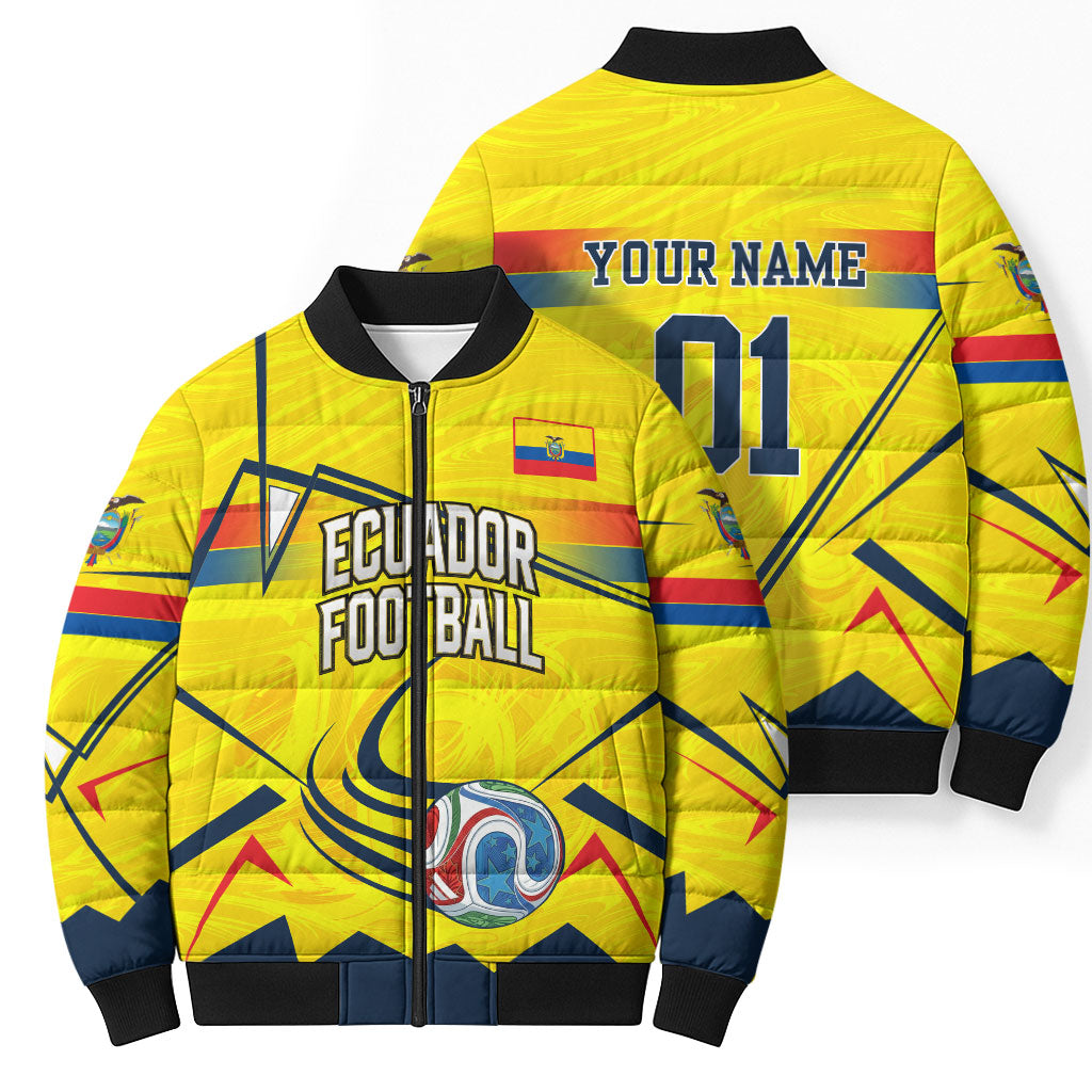 Personalized Ecuador Football Bomber Puffer Jacket Dynamic Line Soccer Graphic Flag Colors