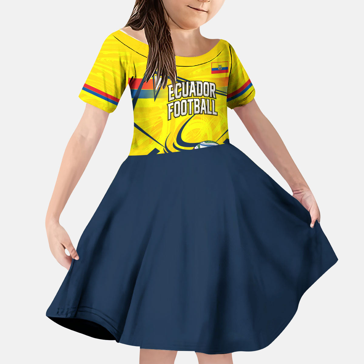 Personalized Ecuador Football Kid Short Sleeve Dress Dynamic Line Soccer Graphic Flag Colors
