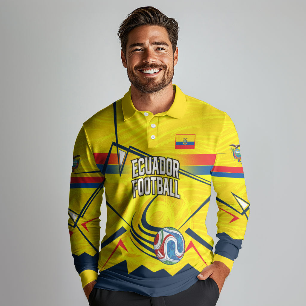 Personalized Ecuador Football Long Sleeve Polo Shirt Dynamic Line Soccer Graphic Flag Colors
