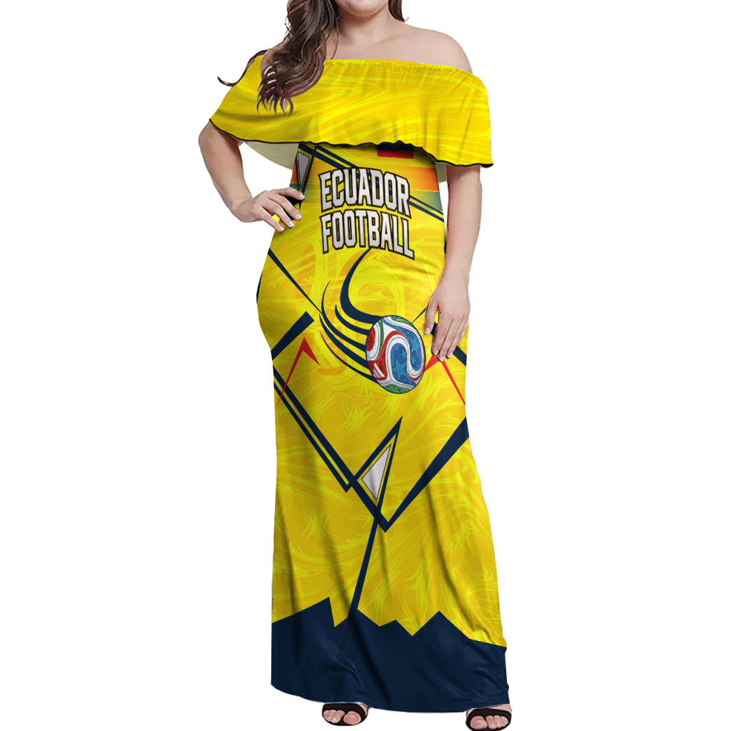 Personalized Ecuador Football Off Shoulder Maxi Dress Dynamic Line Soccer Graphic Flag Colors