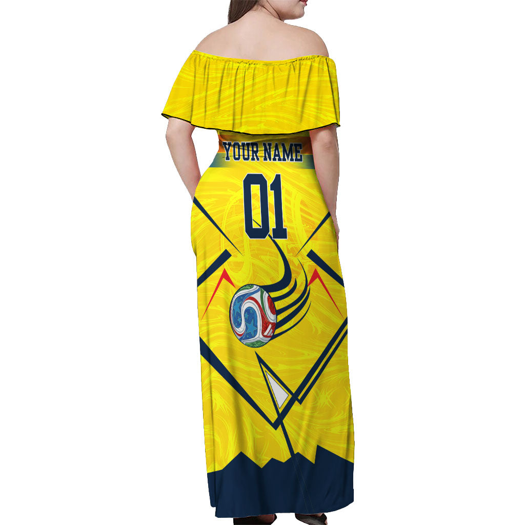 Personalized Ecuador Football Off Shoulder Maxi Dress Dynamic Line Soccer Graphic Flag Colors