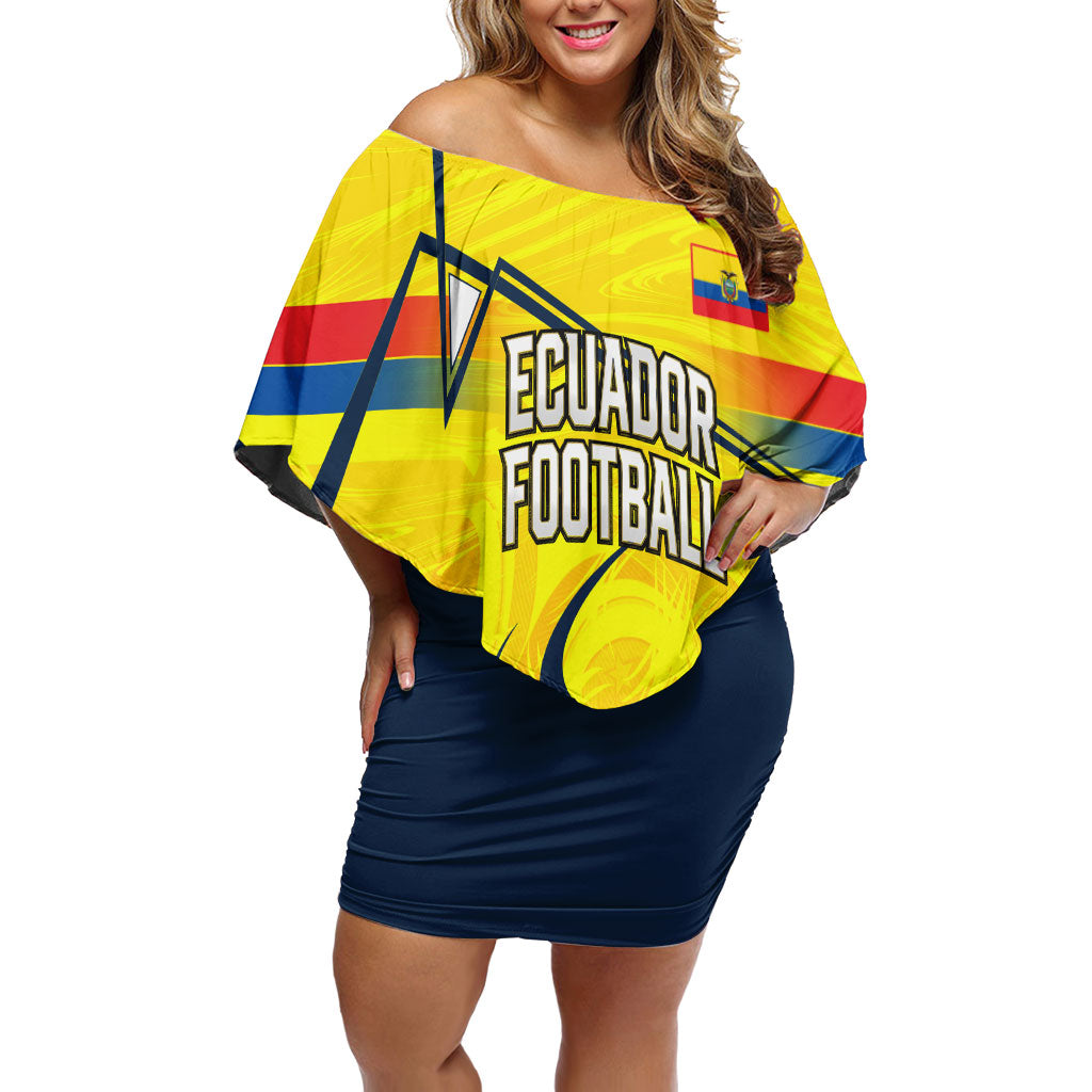 Personalized Ecuador Football Off Shoulder Short Dress Dynamic Line Soccer Graphic Flag Colors