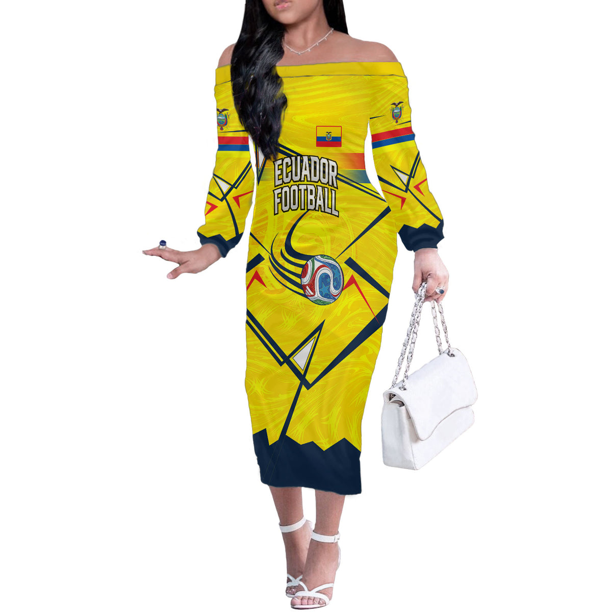 Personalized Ecuador Football Off The Shoulder Long Sleeve Dress Dynamic Line Soccer Graphic Flag Colors