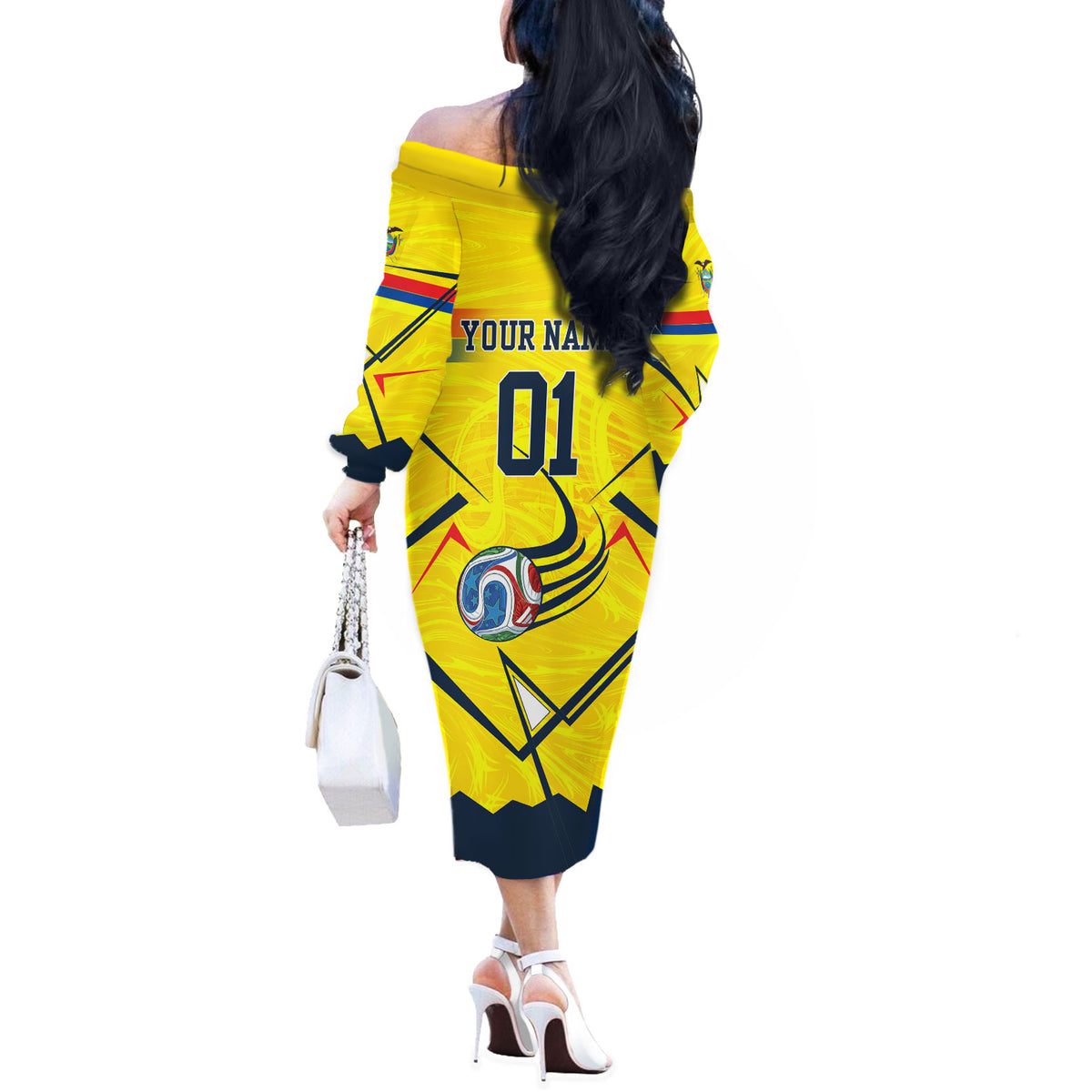 Personalized Ecuador Football Off The Shoulder Long Sleeve Dress Dynamic Line Soccer Graphic Flag Colors
