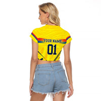 Personalized Ecuador Football Raglan Cropped T Shirt Dynamic Line Soccer Graphic Flag Colors