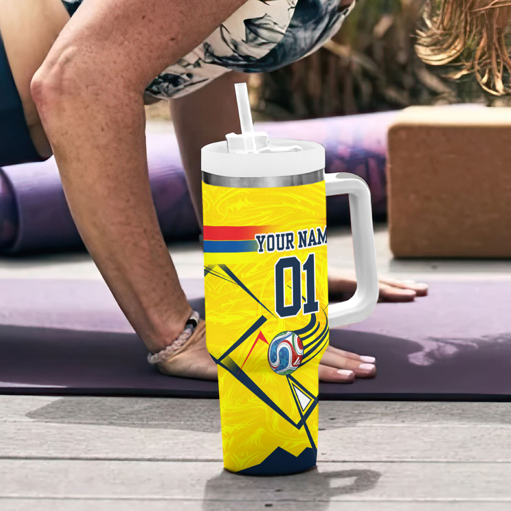 Personalized Ecuador Football Tumbler With Handle Dynamic Line Soccer Graphic Flag Colors