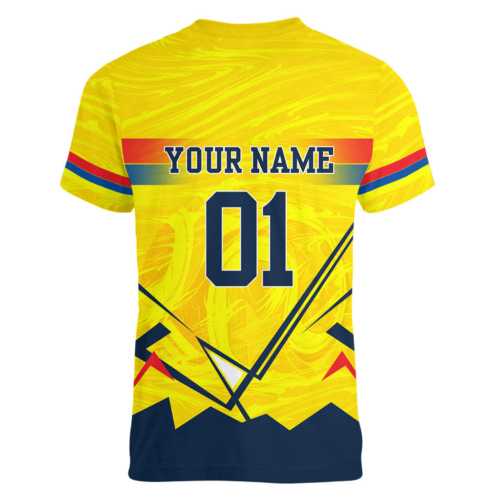 Personalized Ecuador Football Women V-Neck T-Shirt Dynamic Line Soccer Graphic Flag Colors