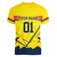 Personalized Ecuador Football Women V-Neck T-Shirt Dynamic Line Soccer Graphic Flag Colors