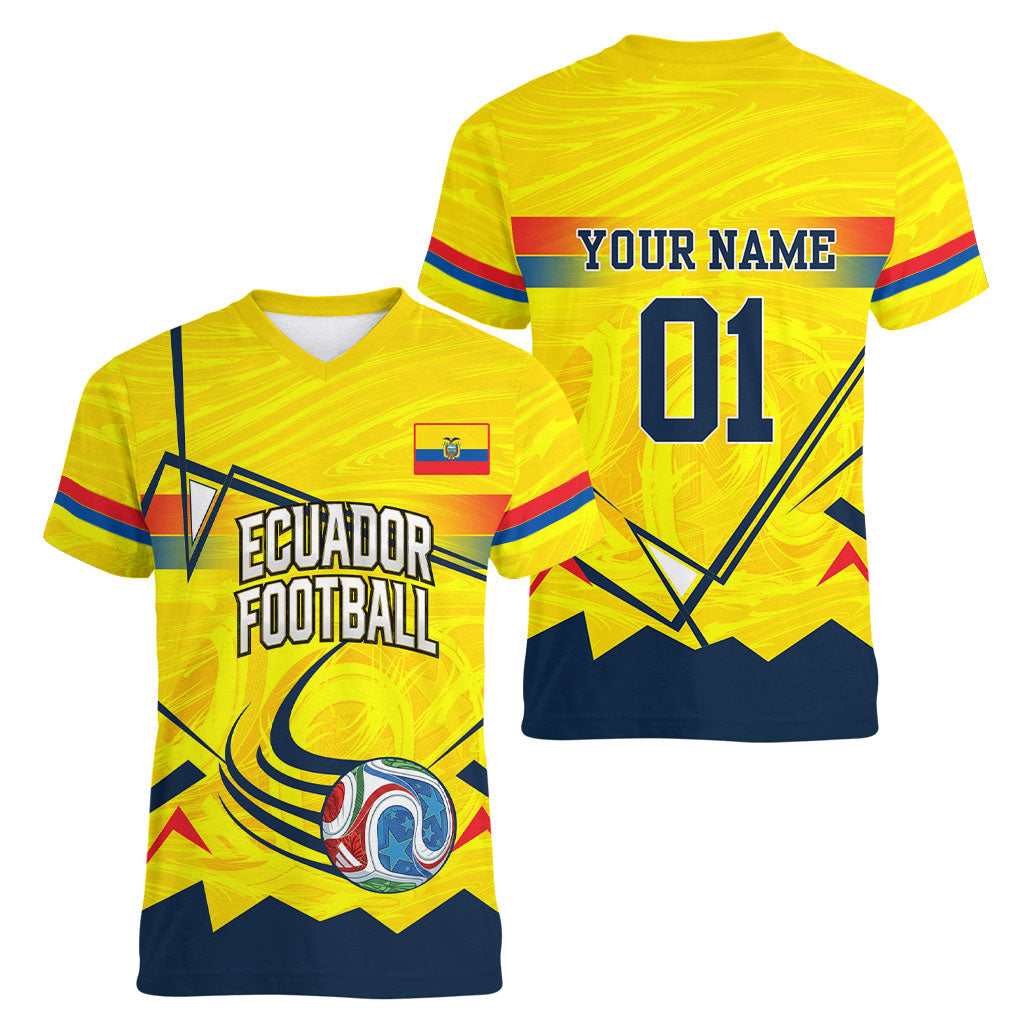 Personalized Ecuador Football Women V-Neck T-Shirt Dynamic Line Soccer Graphic Flag Colors