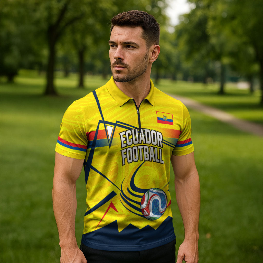 Personalized Ecuador Football Zipper Polo Shirt Dynamic Line Soccer Graphic Flag Colors