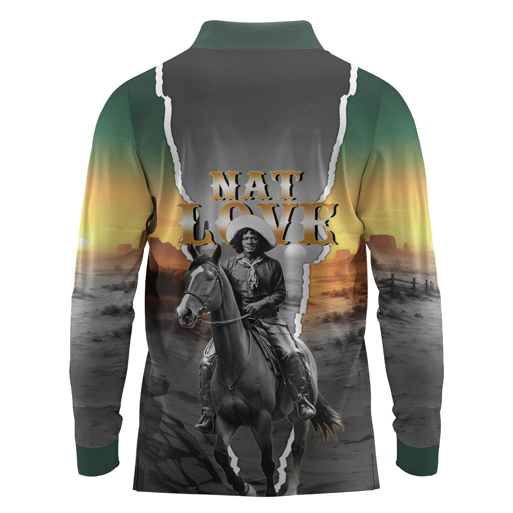 Nat Love Deadwood Dick Legendary Black Cowboy Long Sleeve Polo Shirt Western Frontier Style With Native Southwest Pattern