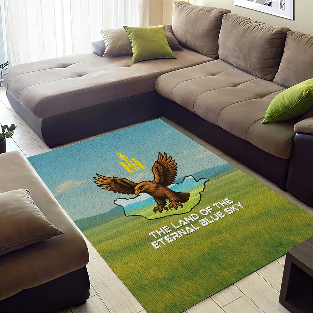 Mongolia Area Rug with Eagle Map Eternal Blue Sky Steppe Spirit